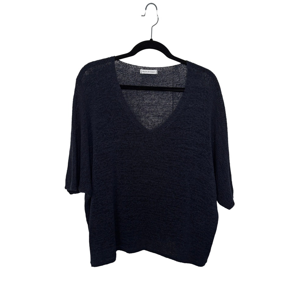 Made in Italy Navy Blue V-Neck Open Knit Oversized Dolman Sleeve Sweater